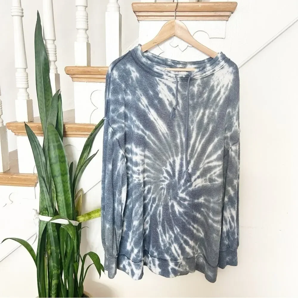 Free People We The Free Best Catch Tie Dye Blue Combo Drawstring Tunic Top Sz XS